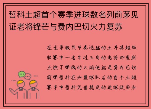 哲科土超首个赛季进球数名列前茅见证老将锋芒与费内巴切火力复苏