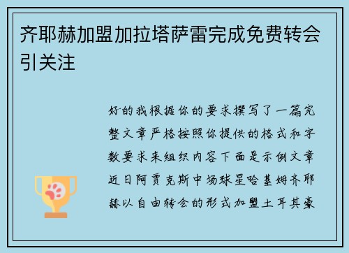 齐耶赫加盟加拉塔萨雷完成免费转会引关注